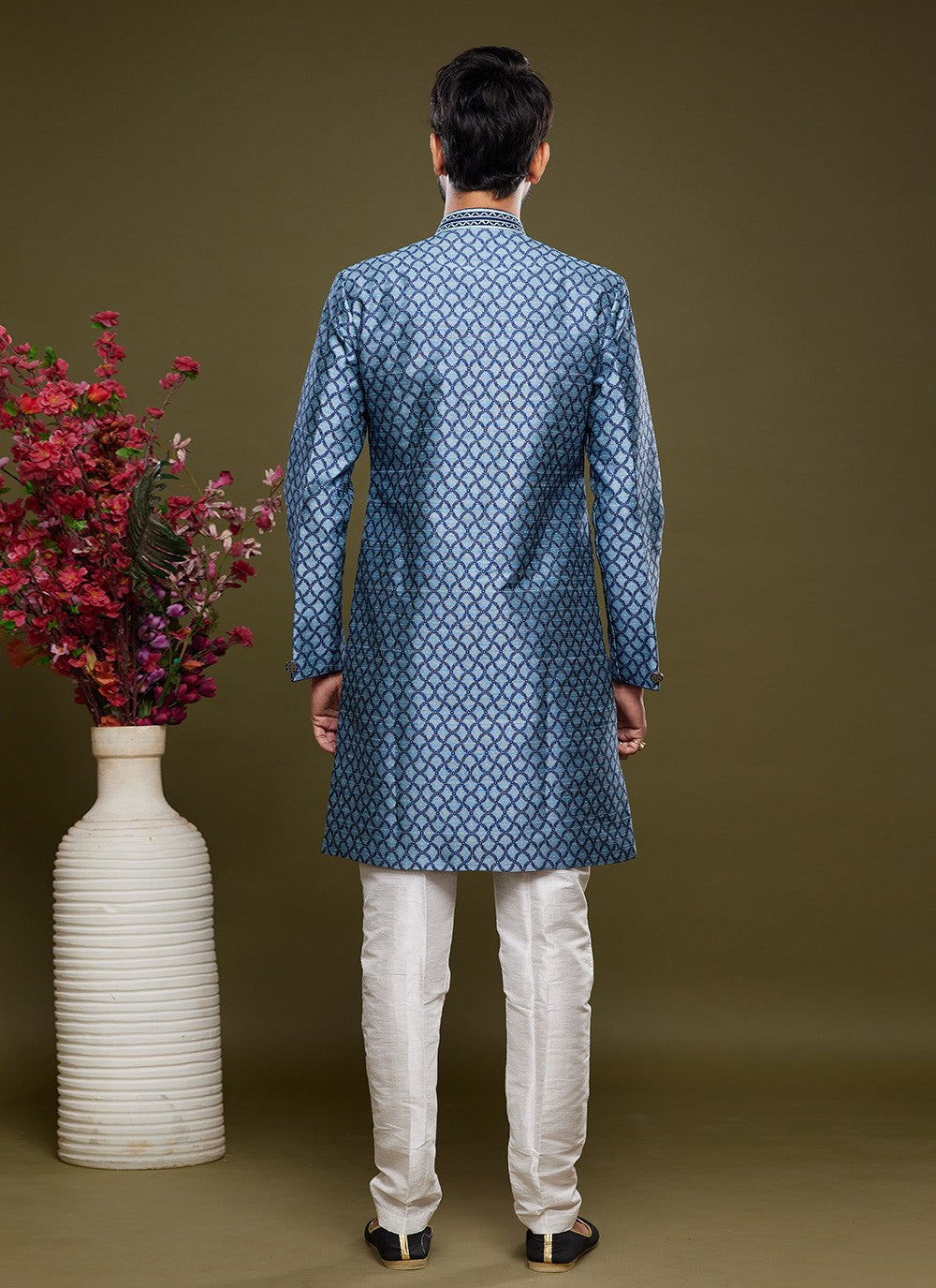 Embroidered Banarasi Jacquard Blue Indo Western - M6018