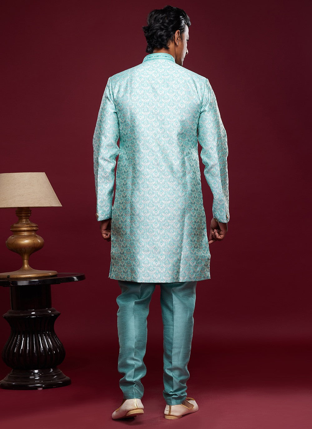 Embroidered Banarasi Jacquard Turquoise Indo Western - M6008
