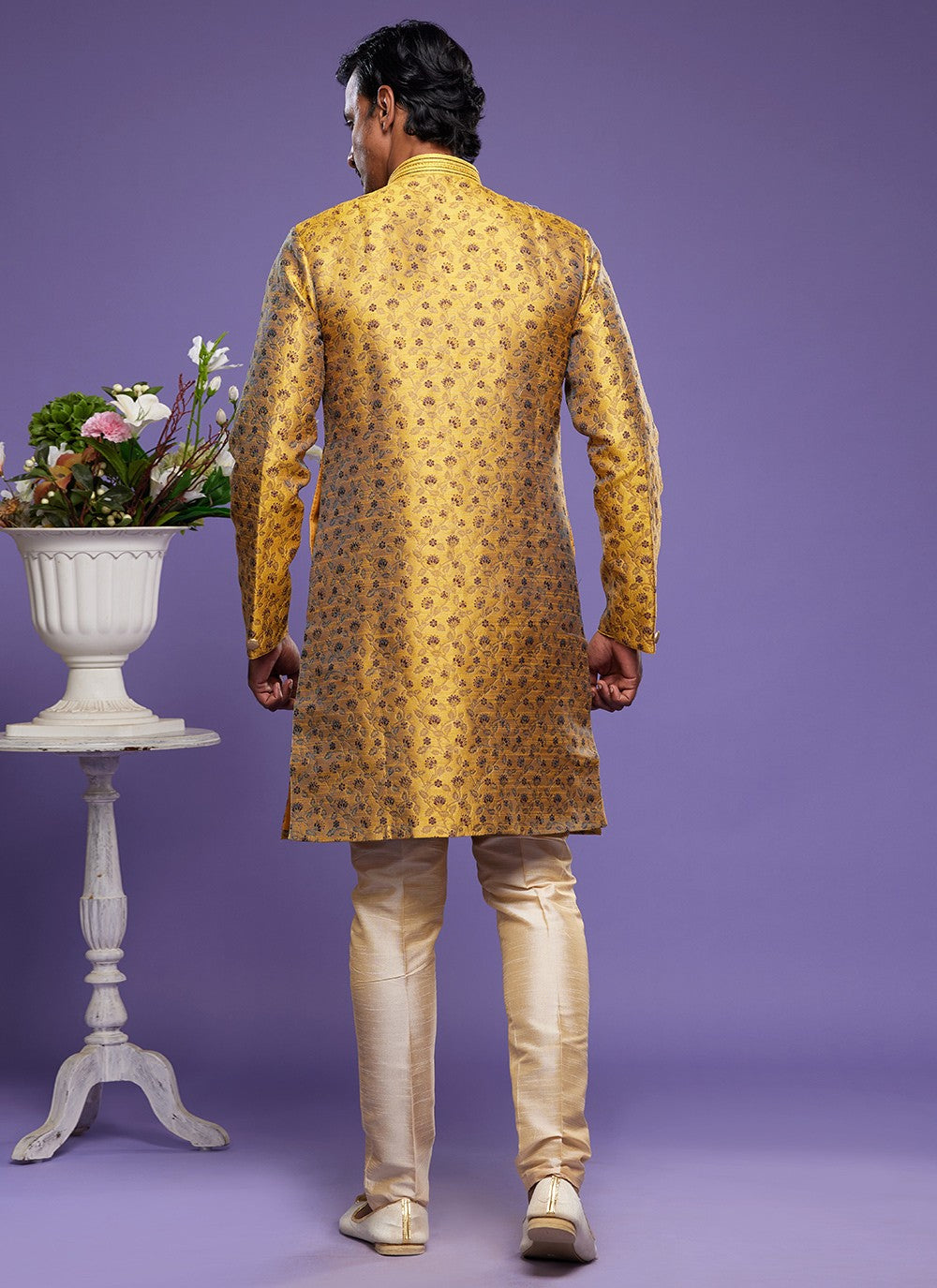 Embroidered Banarasi Jacquard Yellow Indo Western - M6014
