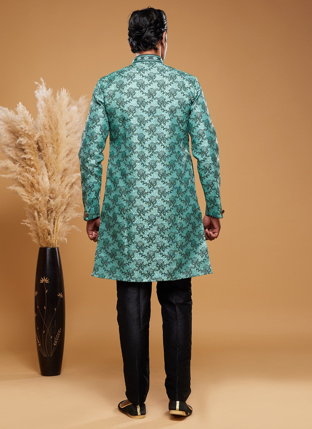 Embroidered Banarasi Jacquard Green Indo Western - M6016