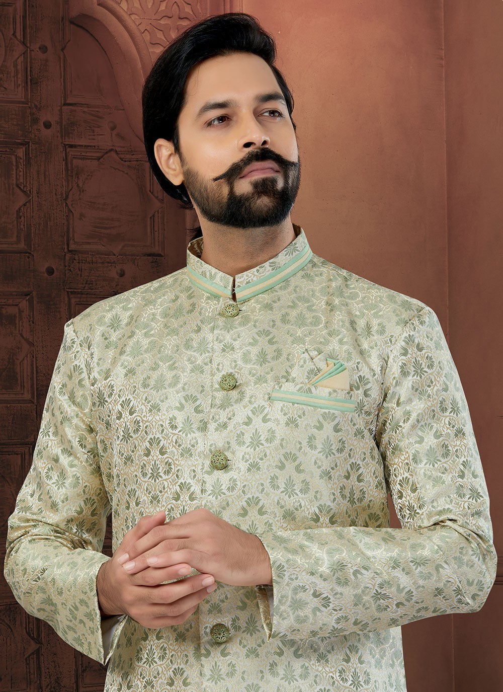 Fancy Work Banarasi Jacquard Green Indo Western Sherwani - M5800