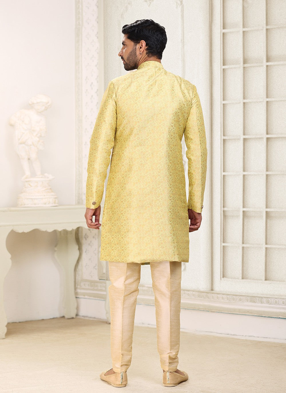 Jacquard Work Banarasi Jacquard Yellow Indo Western - M5289