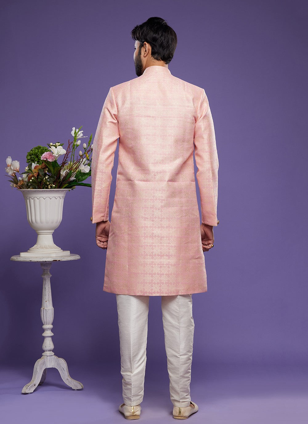 Fancy Work Banarasi Jacquard Pink Indo Western - M5828