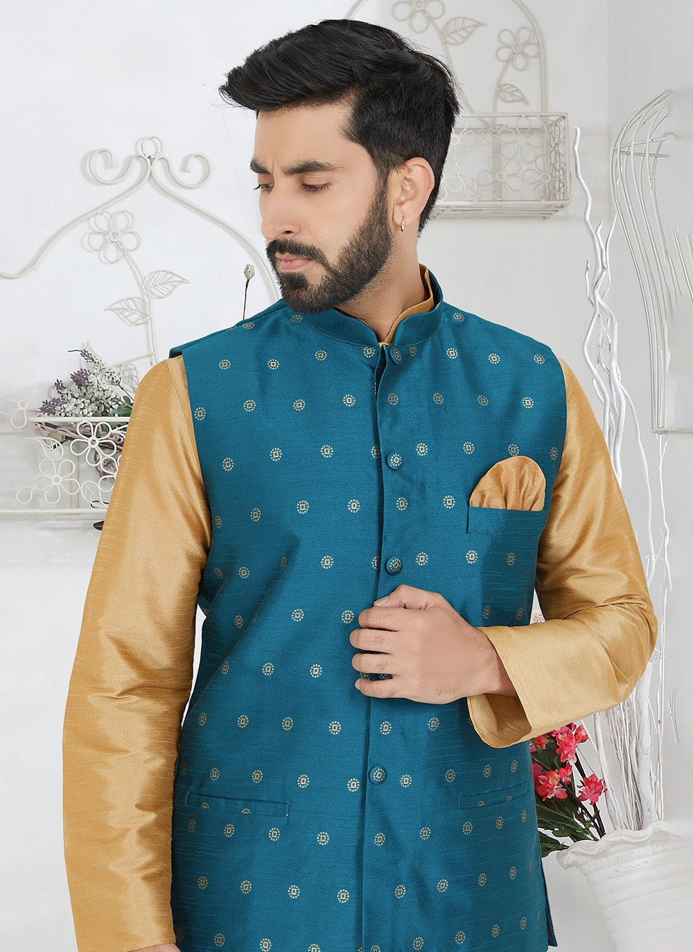 Printed Banarasi Silk Blue Nehru Jackets - M7475