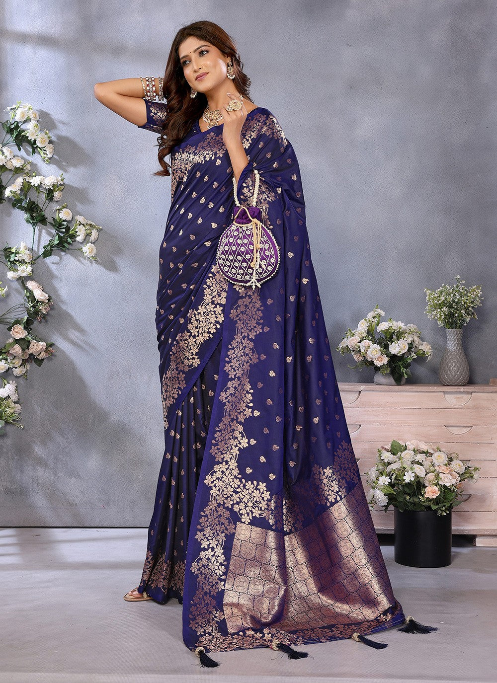 Blue Banarasi Silk Trendy Saree Jacquard Work, Weaving Zari S16646
