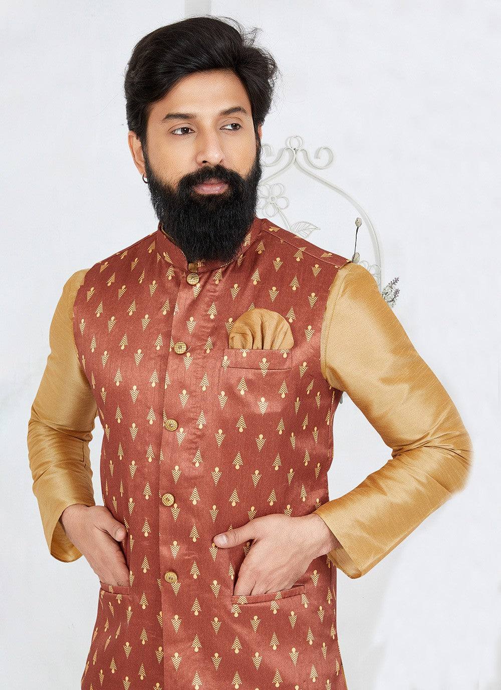 Printed Banarasi Silk Brown Nehru Jackets - M7497