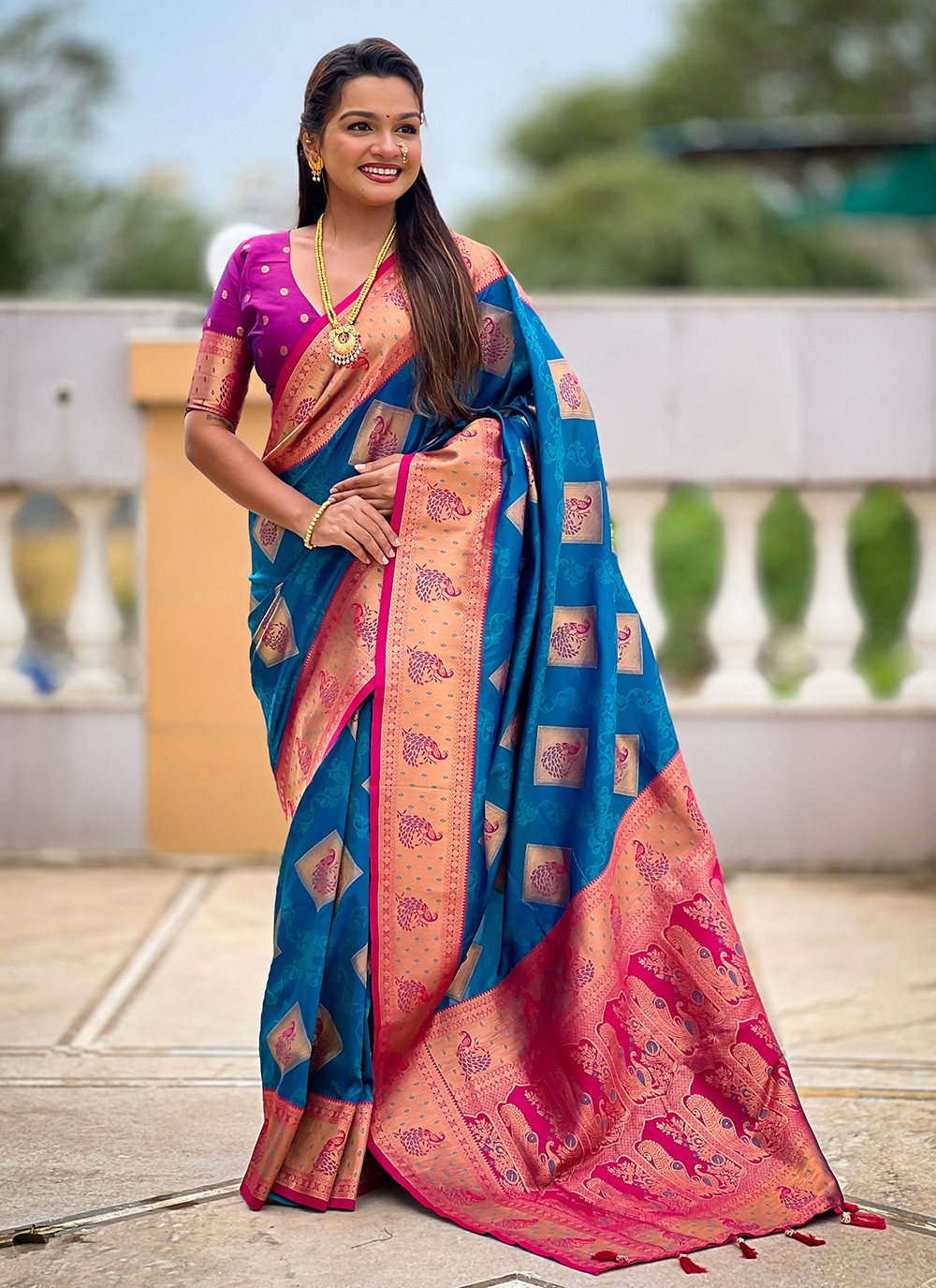 Teal Banarasi Silk Classic Saree Meenakari, Woven S18777
