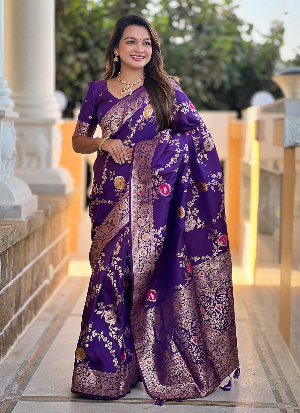 Violet Banarasi Silk Contemporary Saree Meenakari S16333