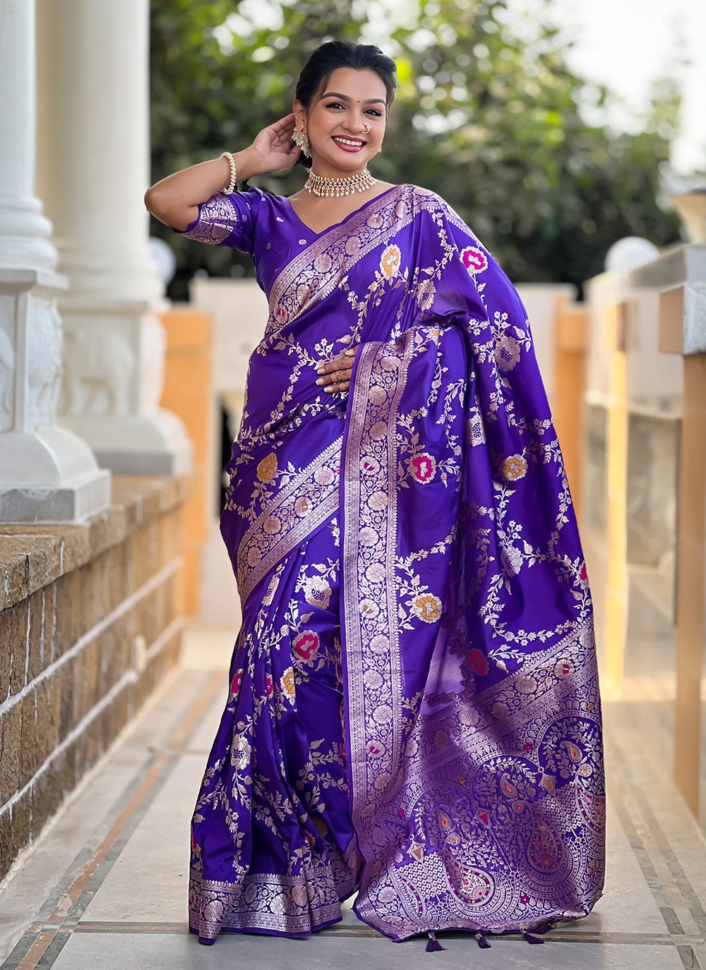 Purple Banarasi Silk Contemporary Saree Meenakari S16329