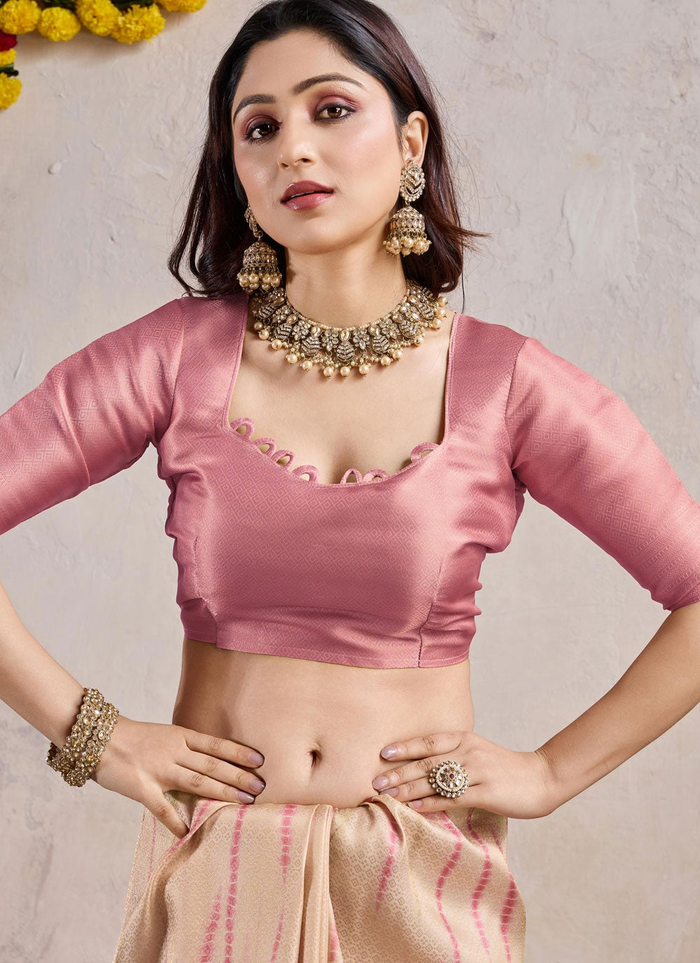 Designer Weaving Zari Cream, Pink Banarasi Silk Saree S12818