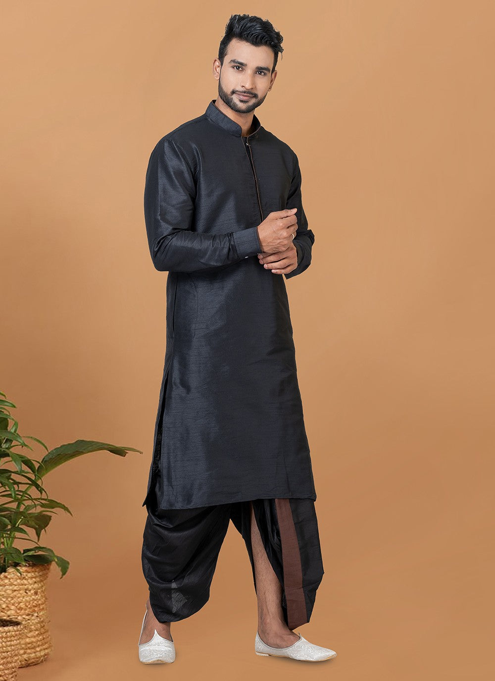 Plain Banarasi Silk Black Dhoti Kurta - M5956
