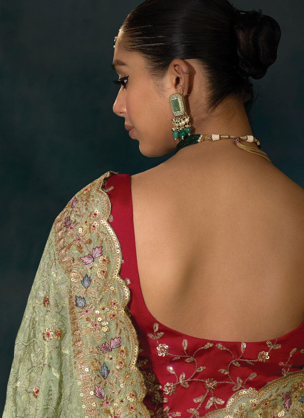 Green Banarasi Silk Traditional Saree Embroidered, Lucknowi Work S19721