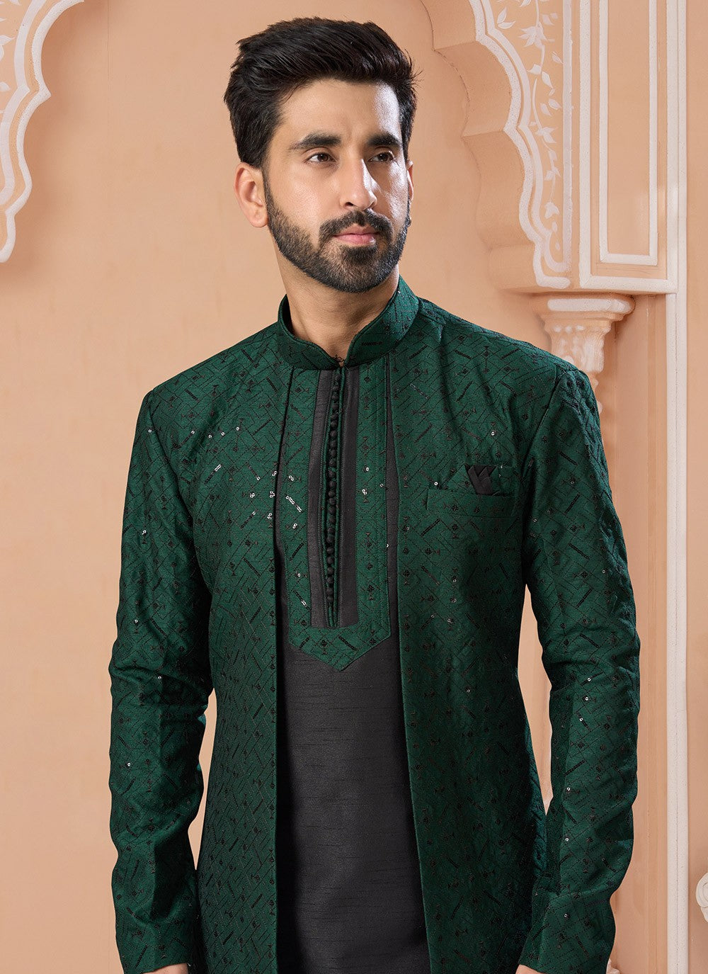 Embroidered Banarasi Silk Black, Green Indo Western Sherwani - M7161