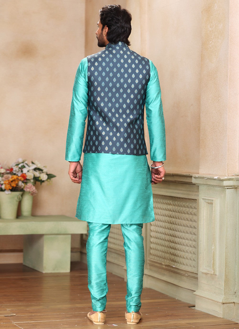 Fancy Work Banarasi Silk, Jacquard Green, Grey Kurta Payjama With Jacket - M5370