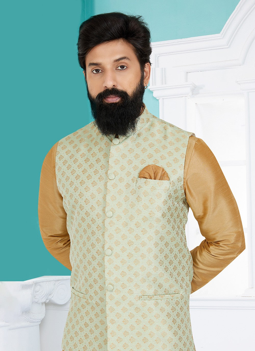Fancy Work Banarasi Silk Green Nehru Jackets - M7504