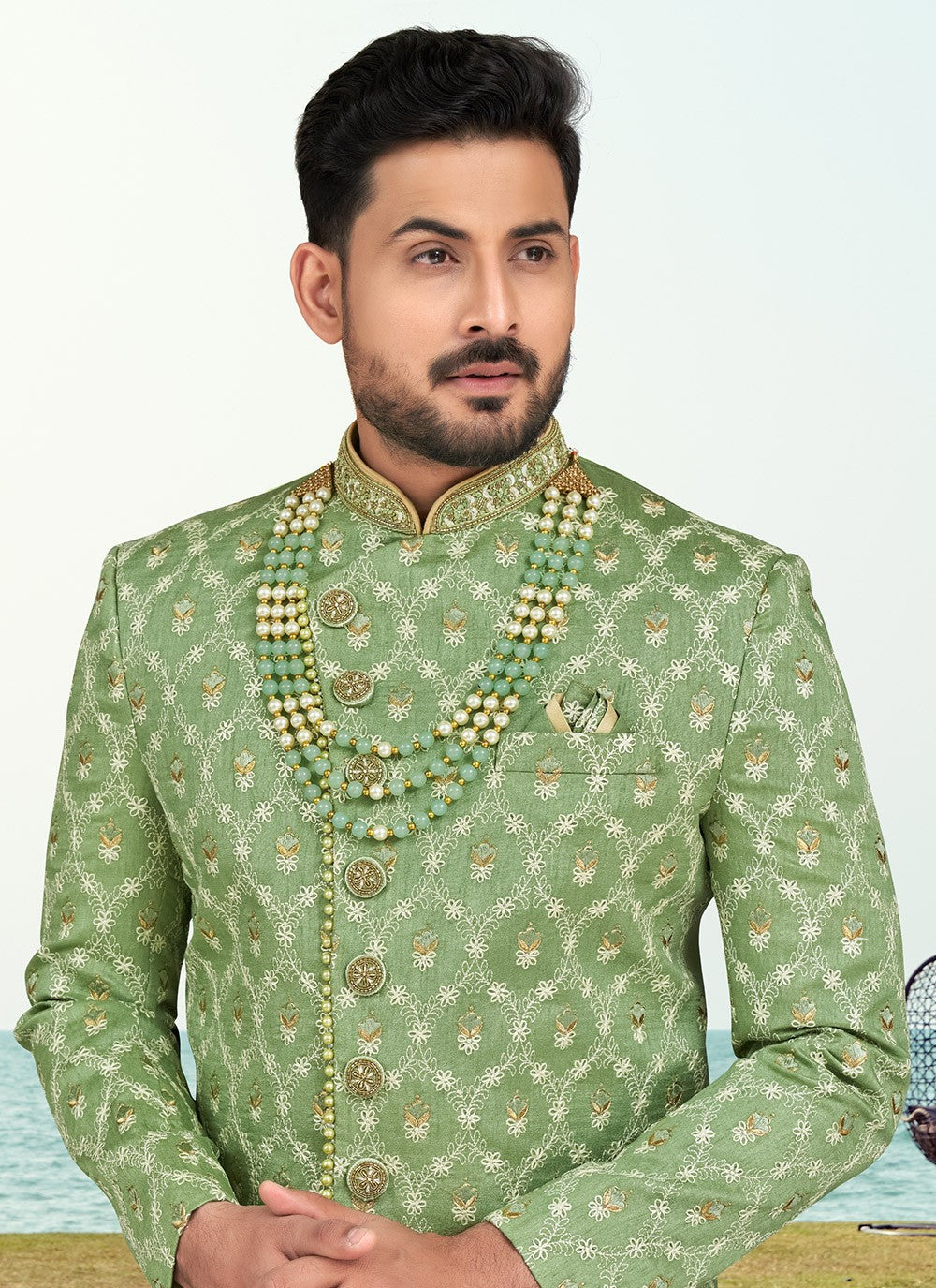 Buttons Banarasi Silk Green Indo Western Sherwani - M6599