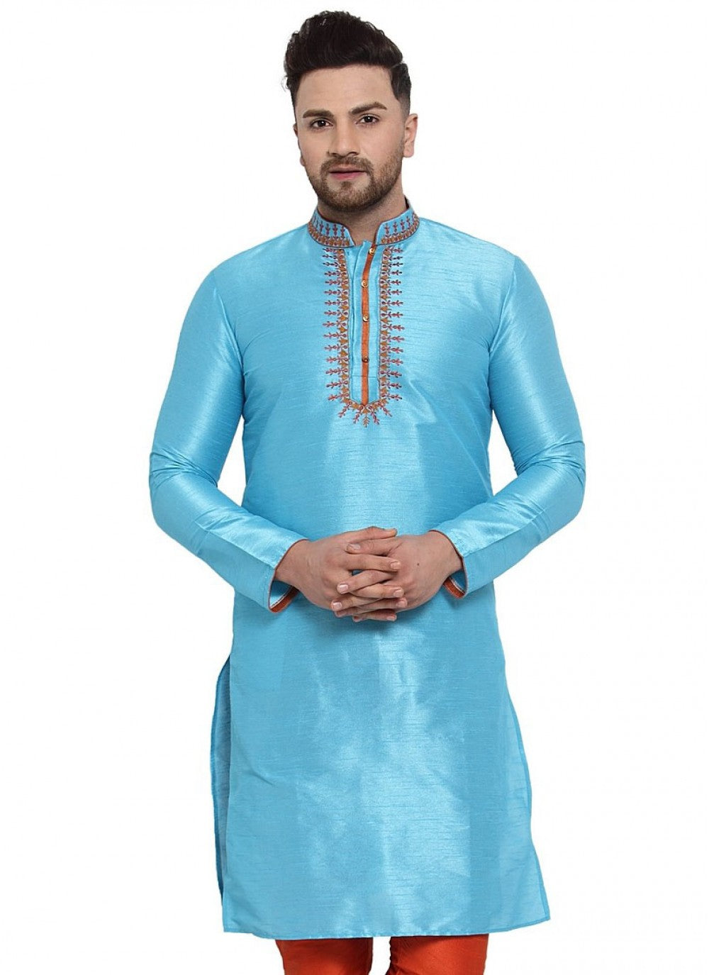 Embroidered Banarasi Silk Blue Kurta - M1614