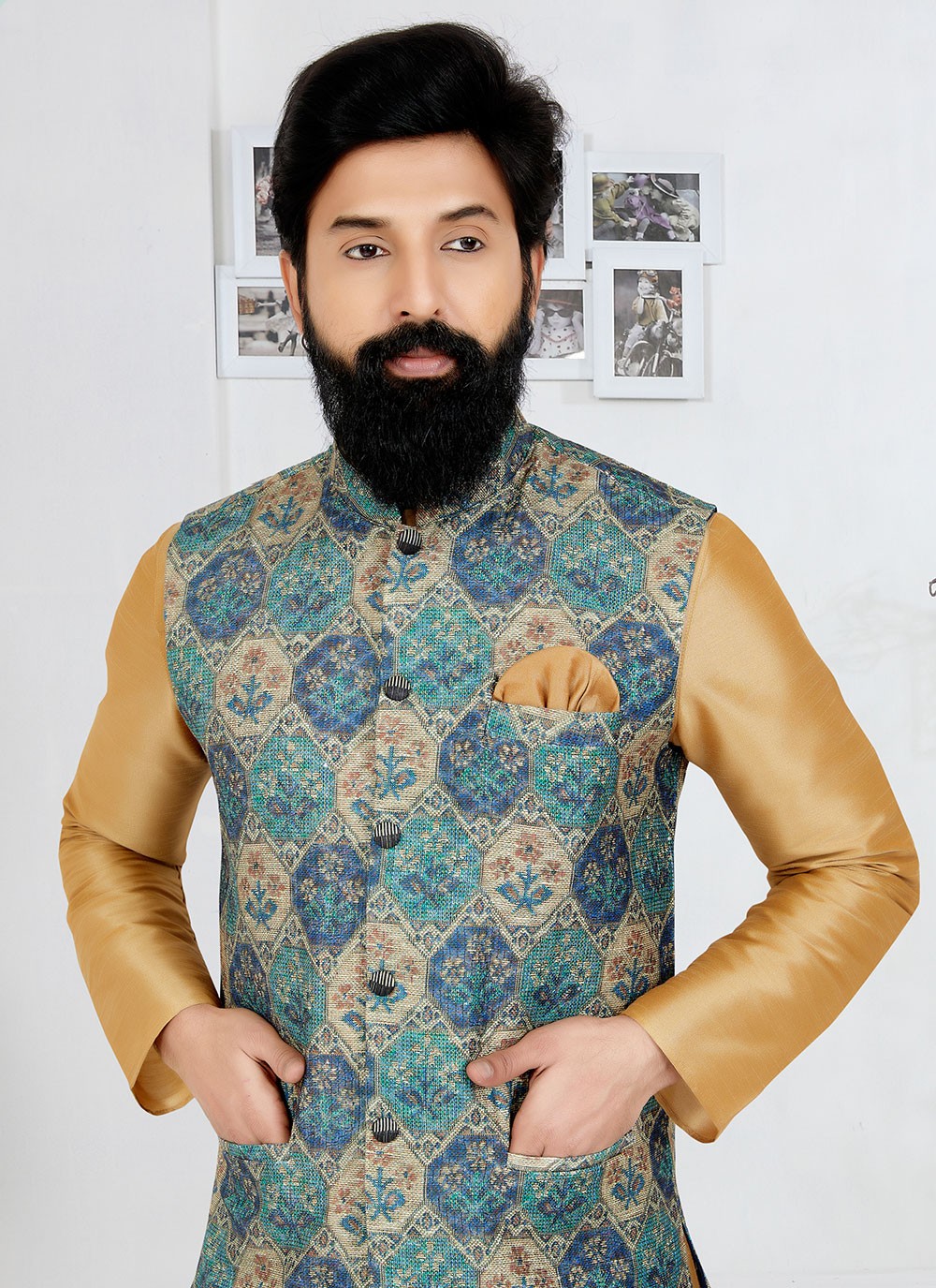 Embroidered Banarasi Silk, Polyester Beige, Multi Colour Kurta Payjama With Jacket - M5542