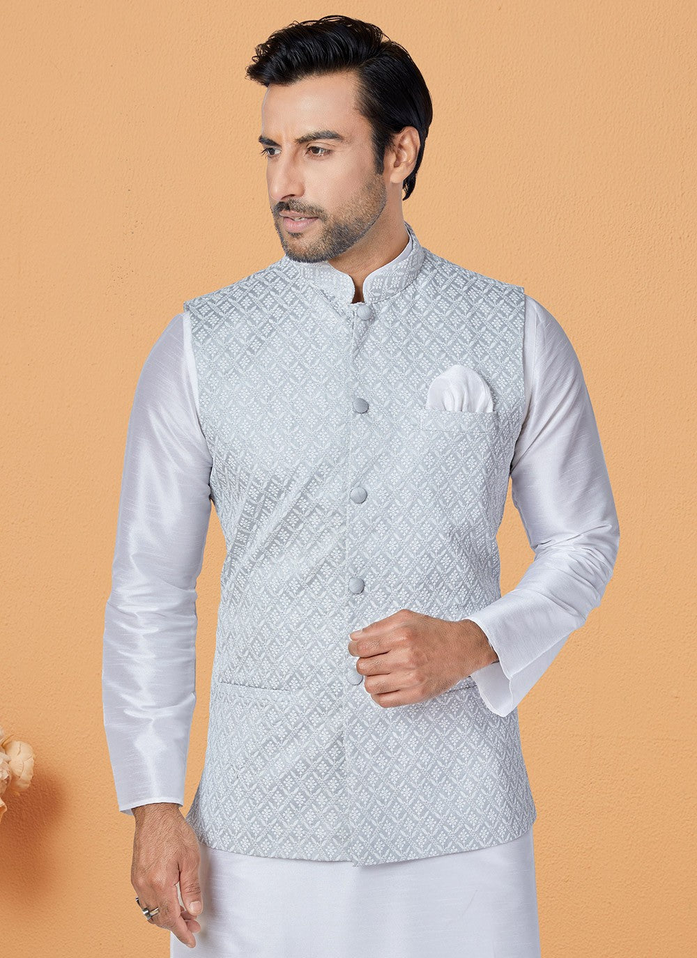 Fancy Work Banarasi Silk Grey, Off White Kurta Payjama With Jacket - M5307