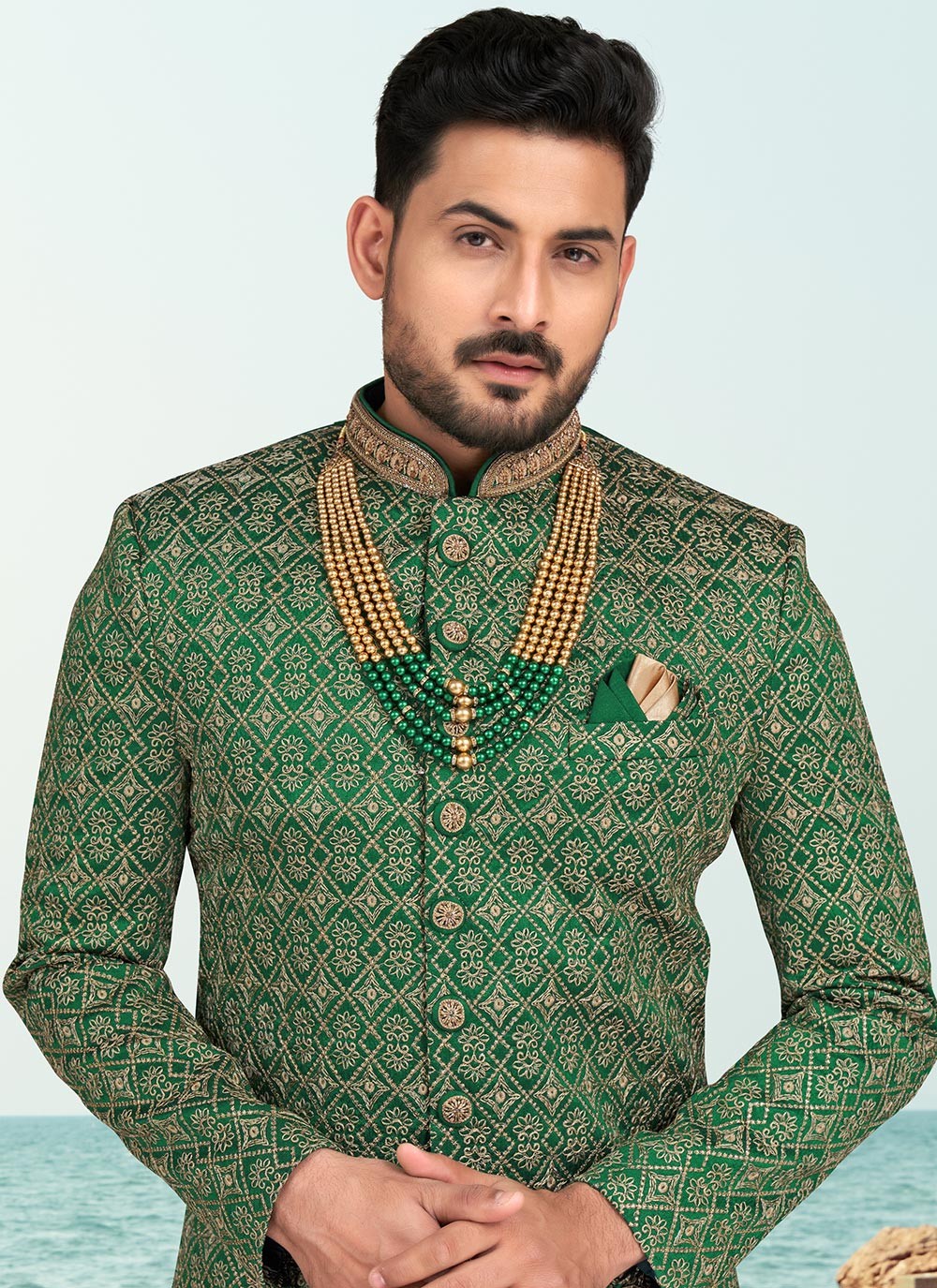 Machine Embroidery Banarasi Silk Green Sherwani - M6794