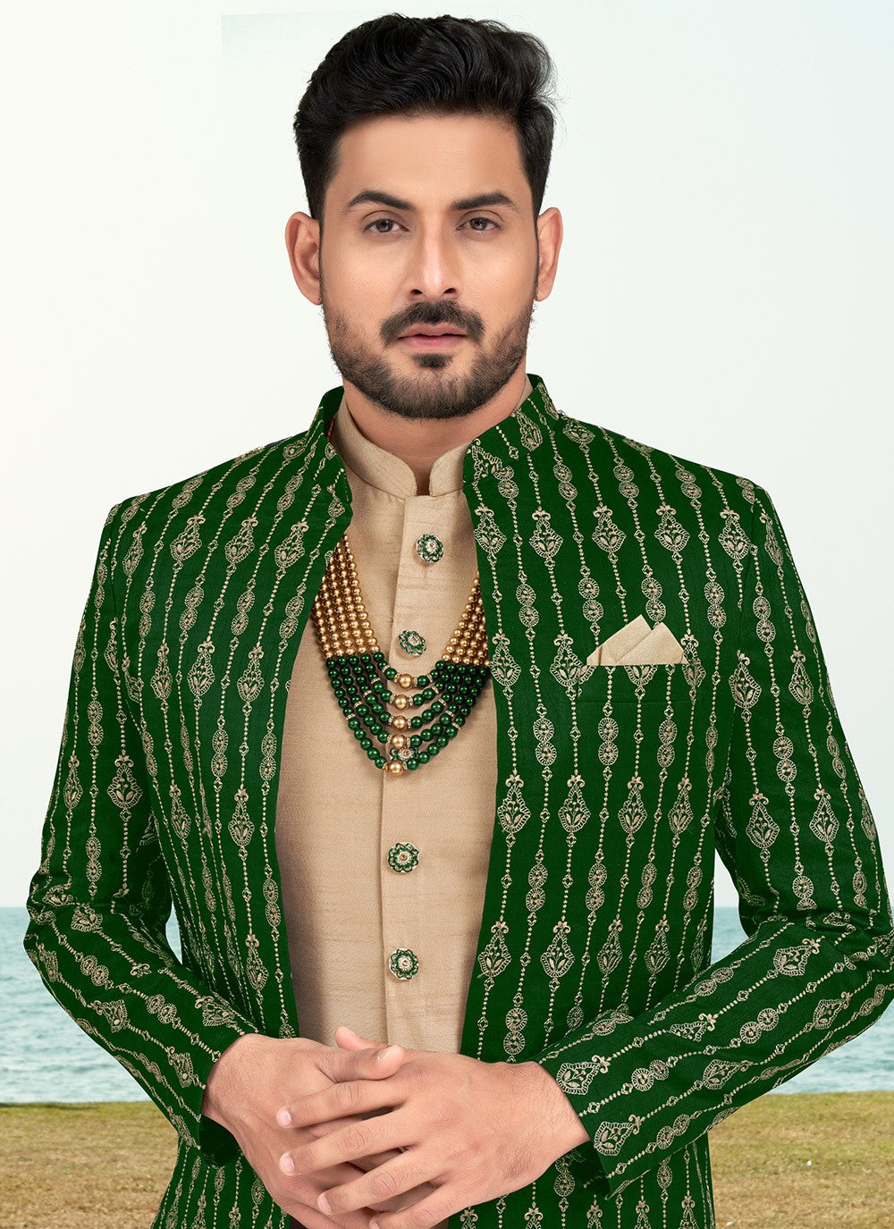 Machine Embroidery Banarasi Silk Cream, Green Sherwani - M6777