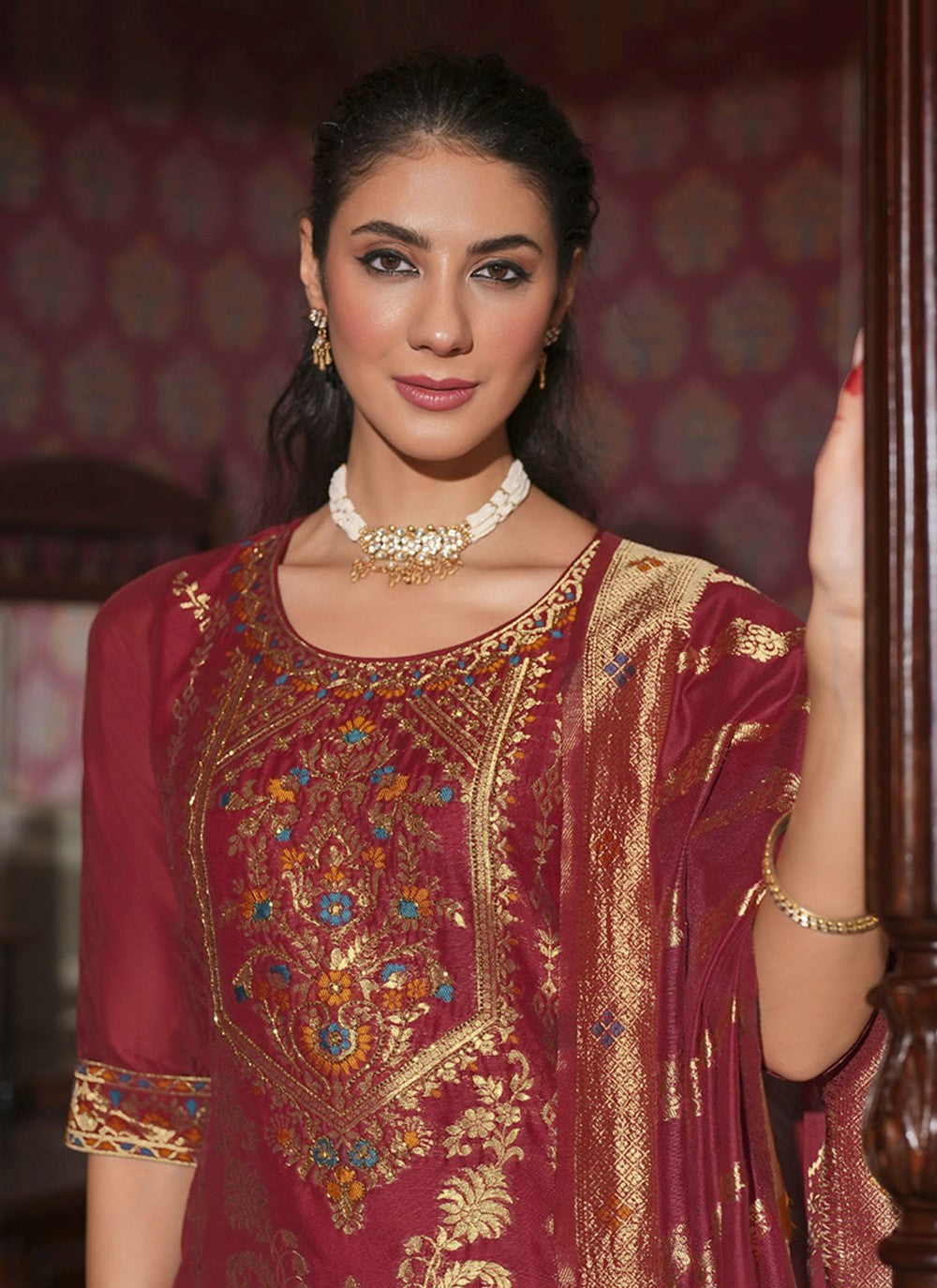 Pant Style Suit Hand Embroidery, Jacquard Work, Woven Maroon T8167