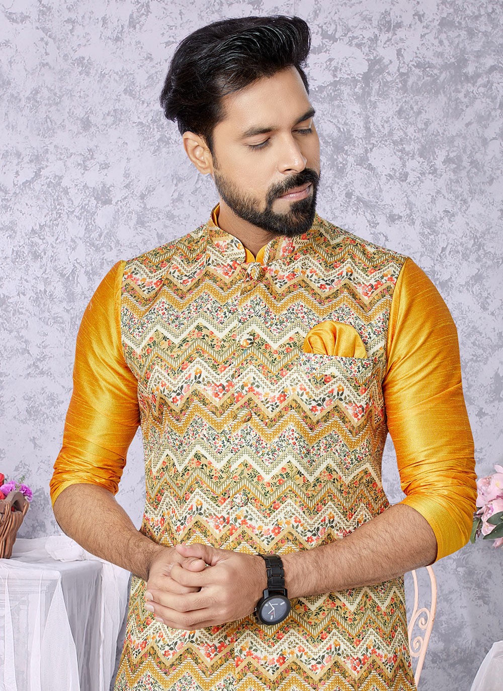 Embroidered Banarasi Silk, Poly Silk Multi Colour, Mustard Kurta Payjama With Jacket - M5551