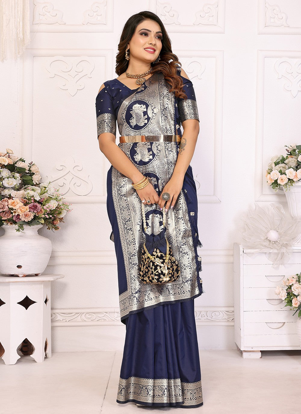 Navy Blue Banarasi Silk Contemporary Saree Jacquard Work, Weaving Zari S17846