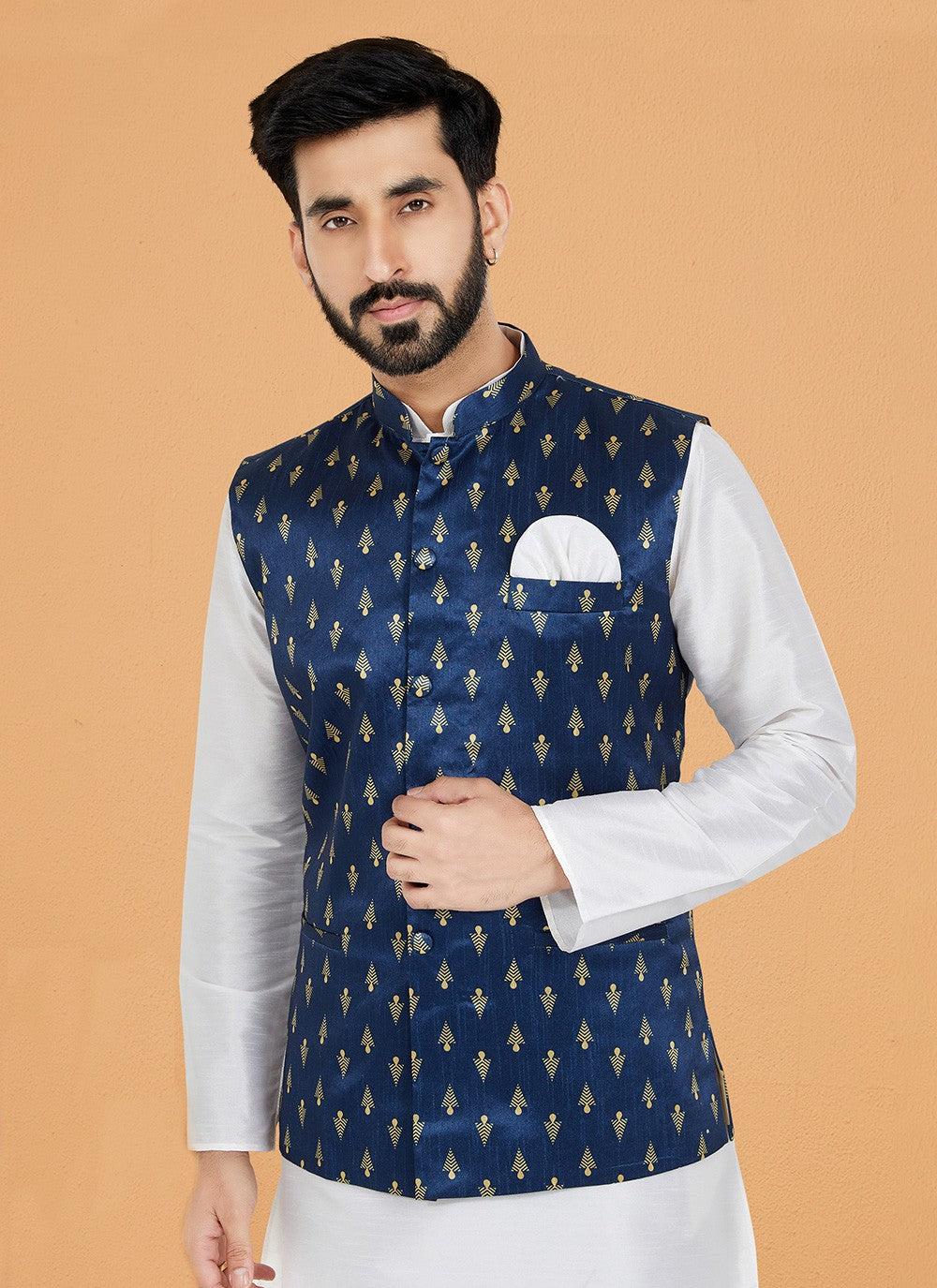 Printed Banarasi Silk Navy Blue Nehru Jackets - M7474