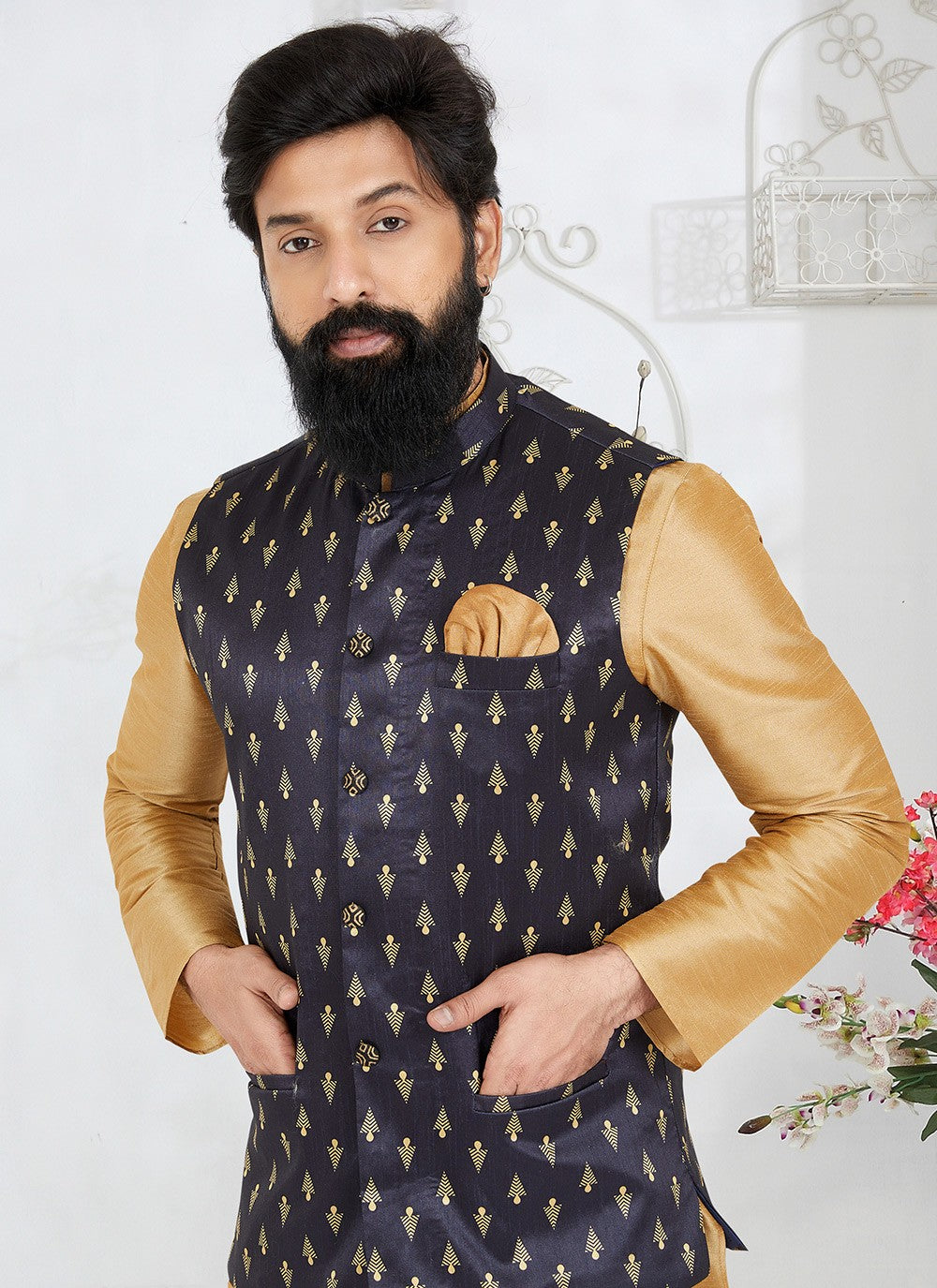 Fancy Work Banarasi Silk Navy Blue Nehru Jackets - M7499