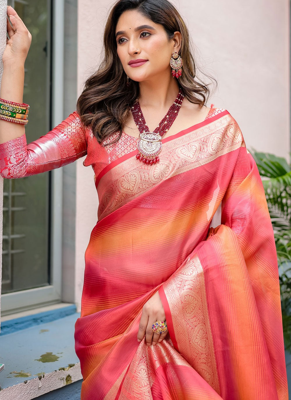 Trendy Saree Woven Orange, Pink Banarasi Silk Saree S12412
