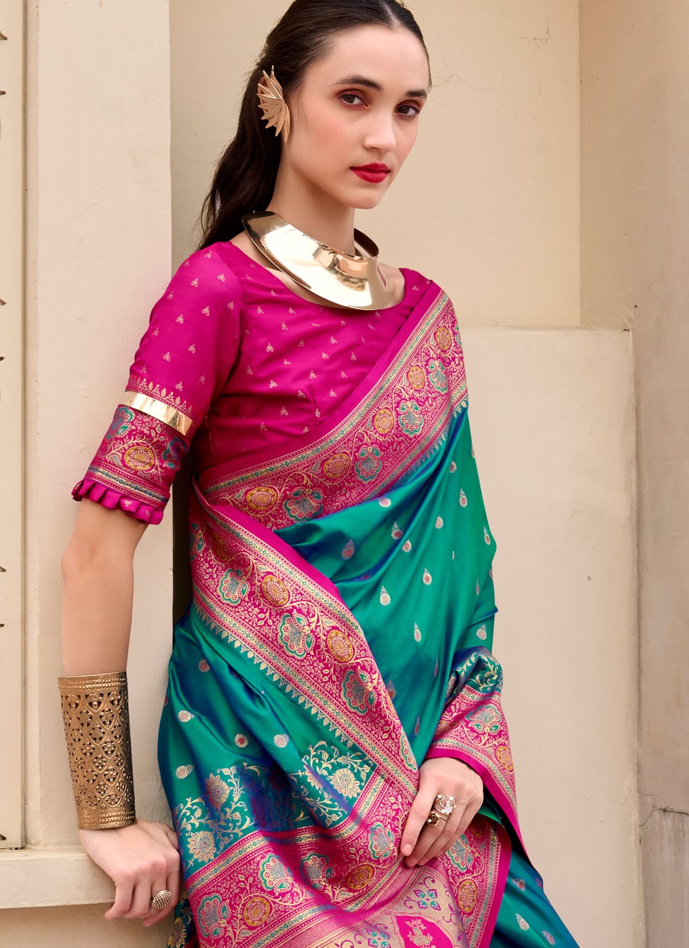 Weaving Zari Banarasi Silk Teal Saree S14669