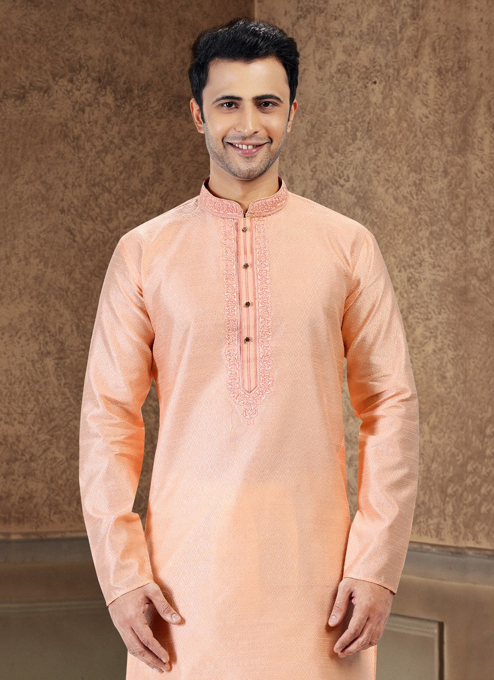 Fancy Work Banarasi Silk, Jacquard Peach Kurta Pyjama - M4861