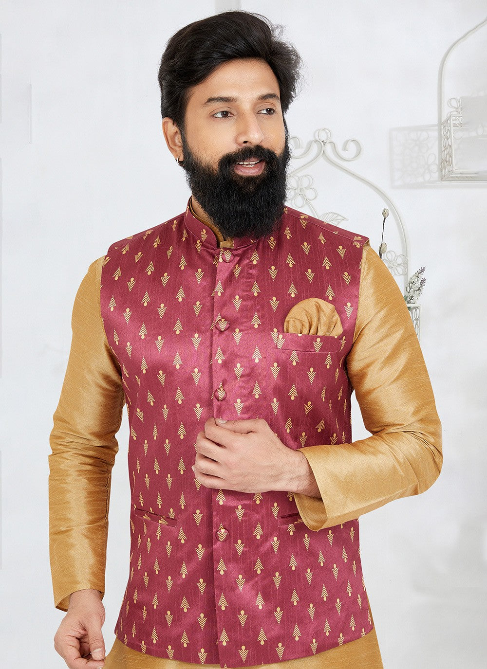 Printed Banarasi Silk Pink Nehru Jackets - M7498