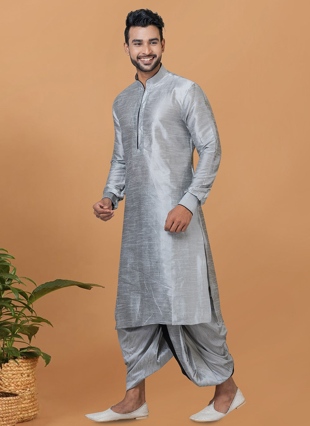 Plain Banarasi Silk Grey Dhoti Kurta - M5950