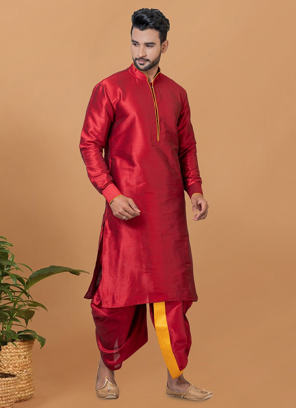Plain Banarasi Silk Red Dhoti Kurta - M5949