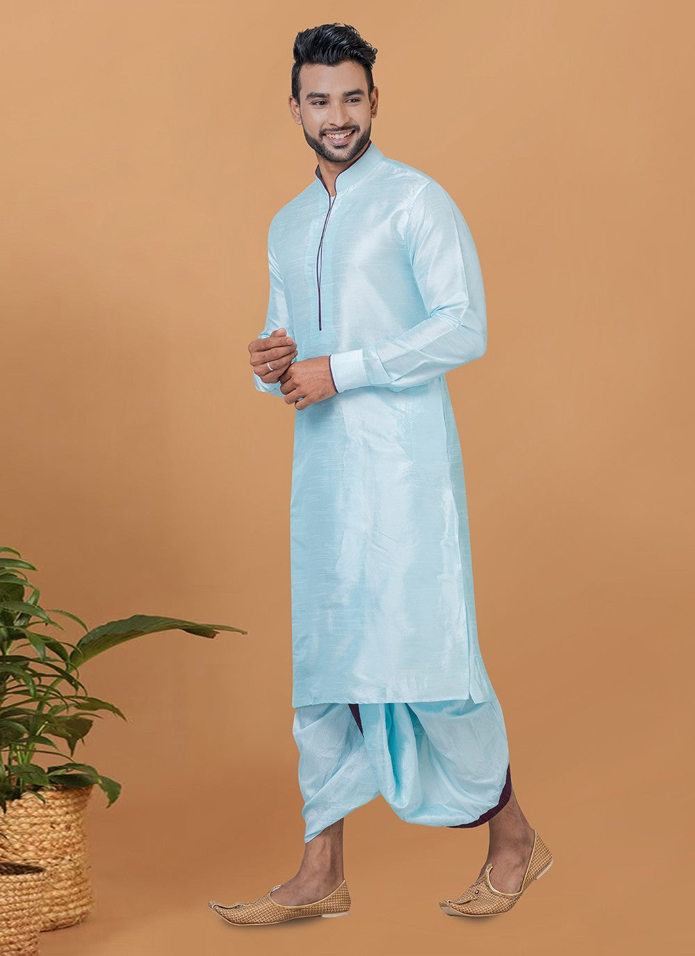 Plain Banarasi Silk Turquoise Dhoti Kurta - M5945