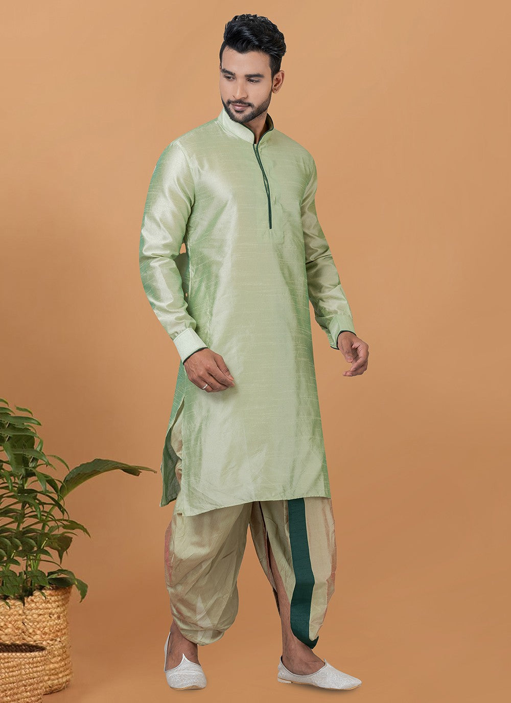 Plain Banarasi Silk Green Dhoti Kurta - M5955