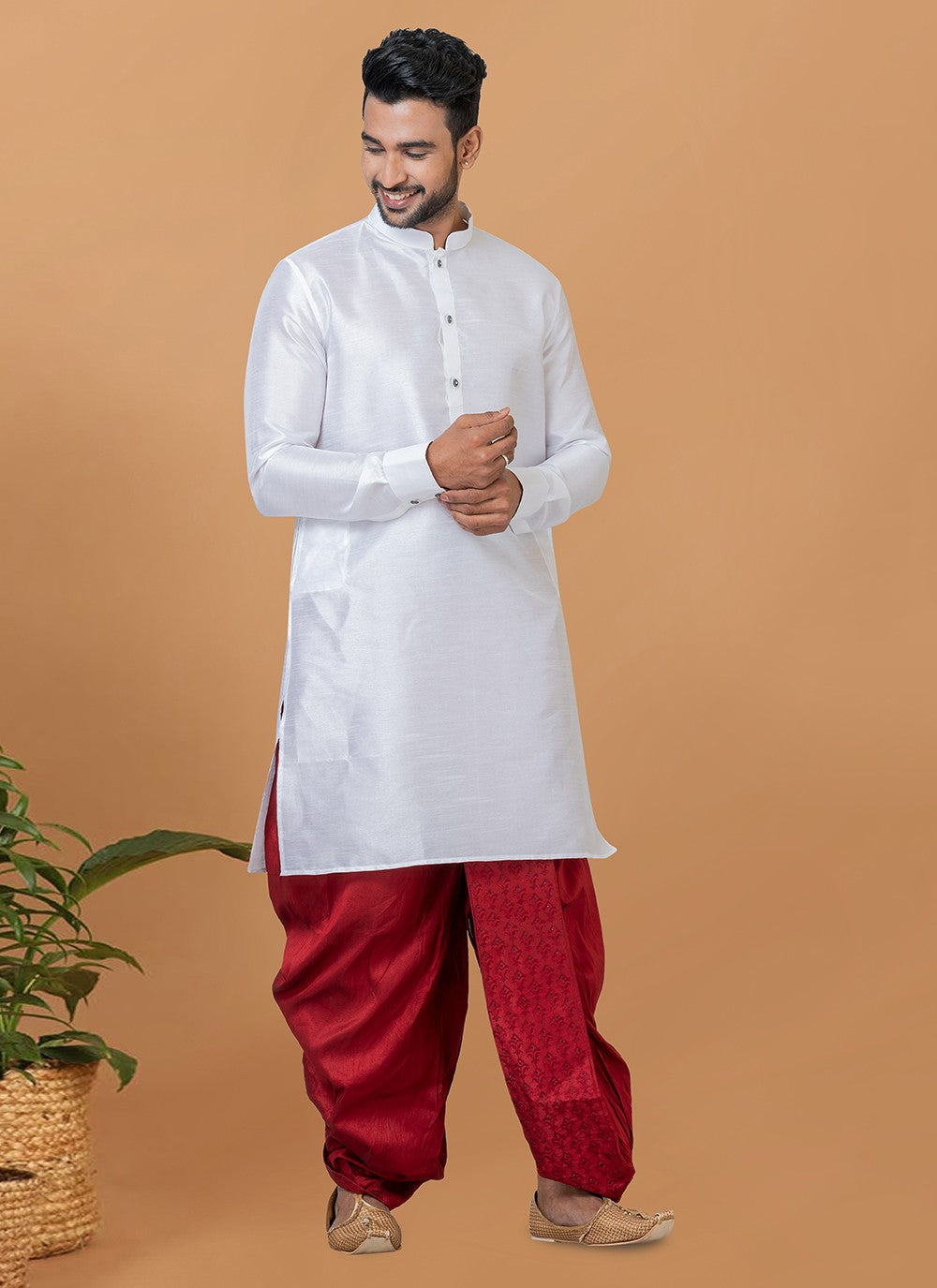 Plain Banarasi Silk White Dhoti Kurta - M5937
