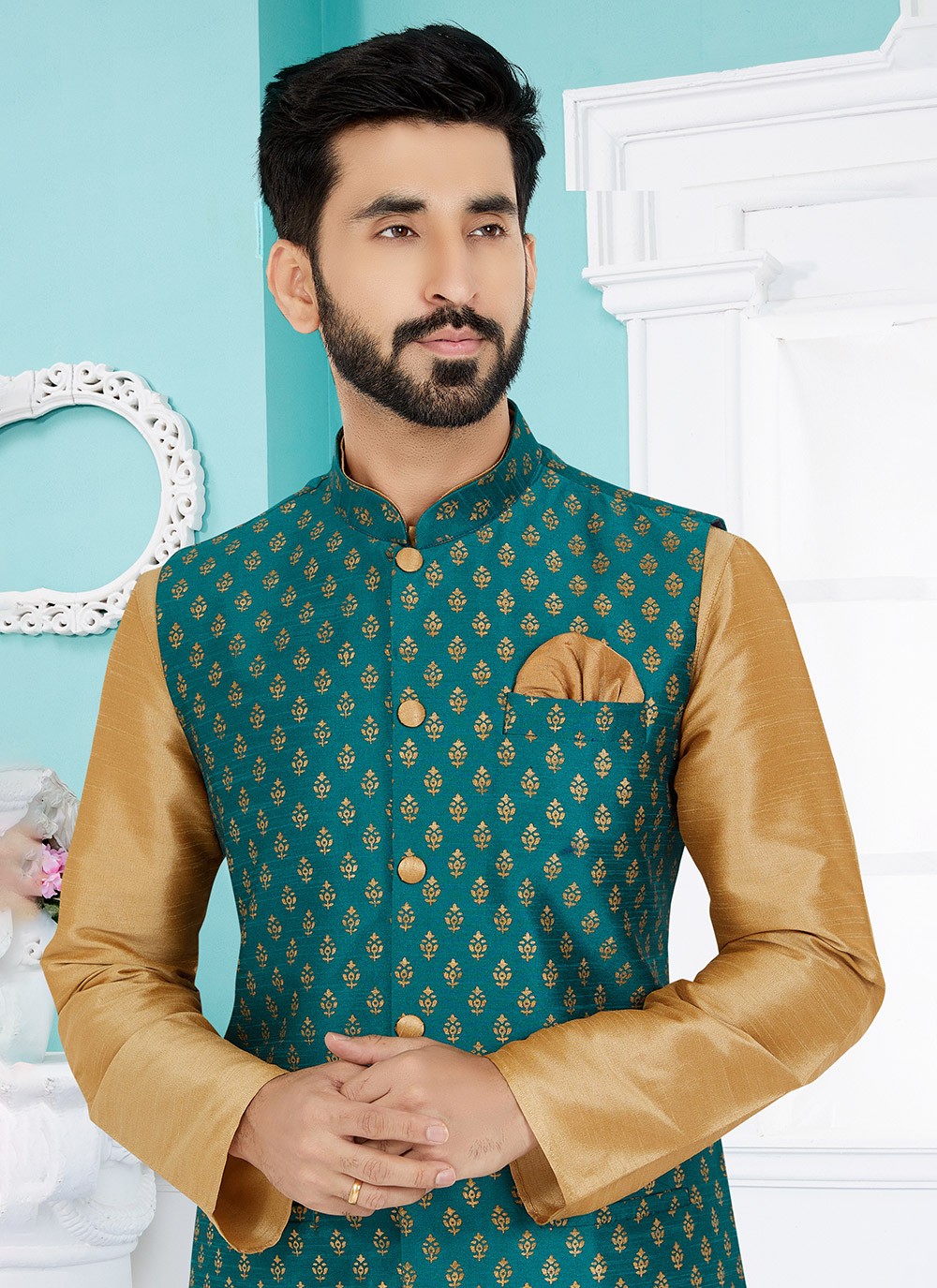 Printed Banarasi Silk Rama Nehru Jackets - M7485
