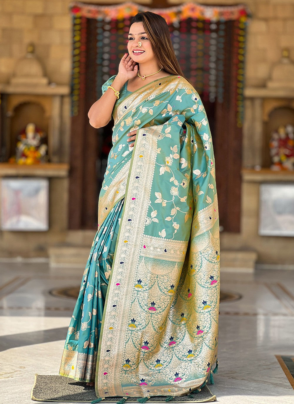 Sea Green Banarasi Silk Trendy Saree Jacquard Work, Woven S16587