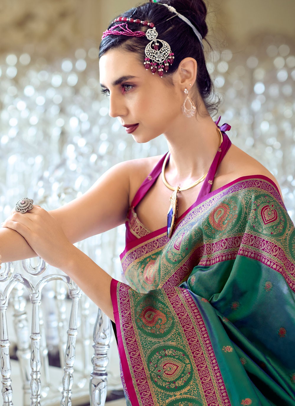 Contemporary Weaving Zari Green, Teal Banarasi Silk Saree S13545