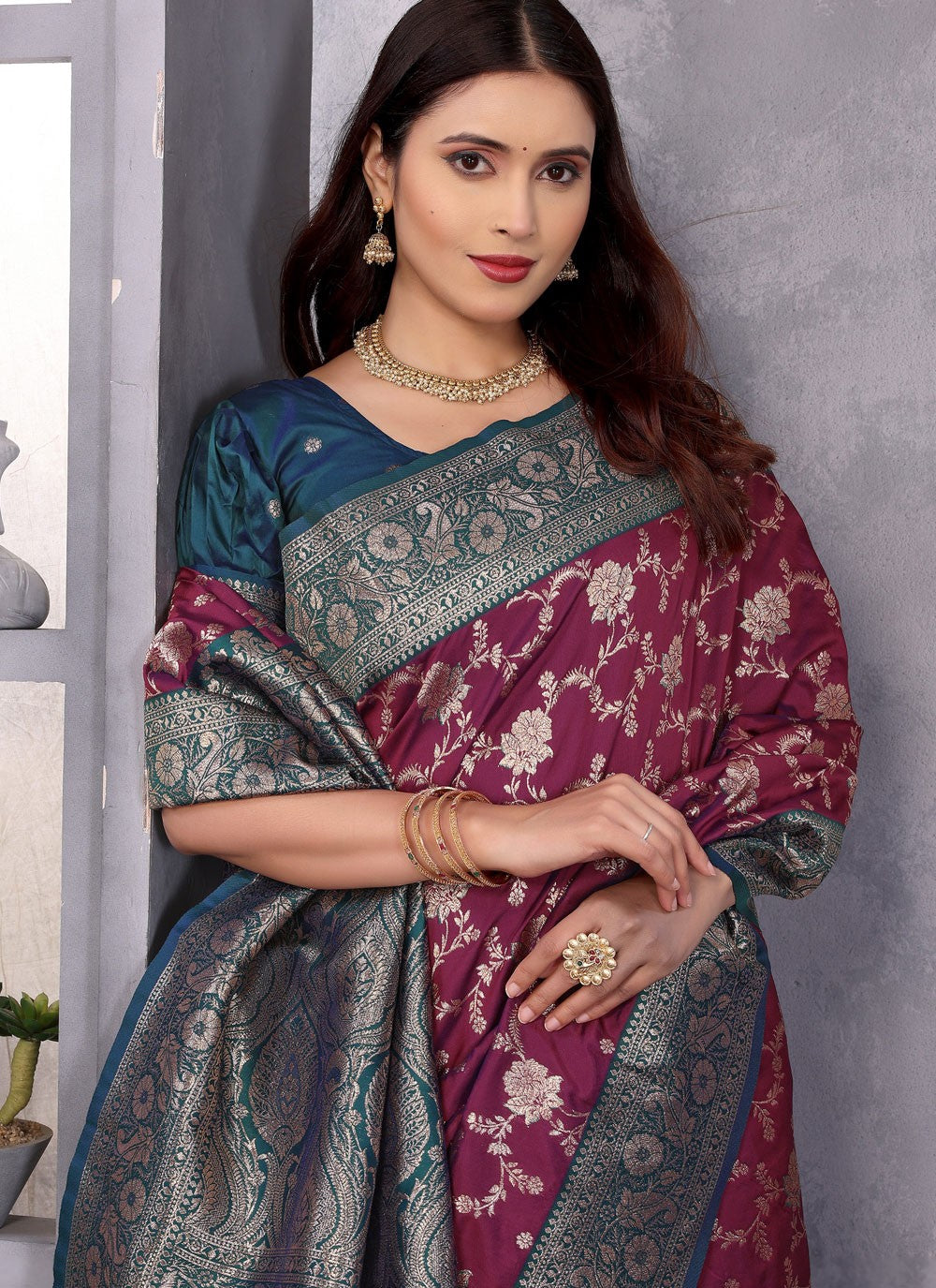 Wine Banarasi Silk Designer Saree Weaving Zari S17662