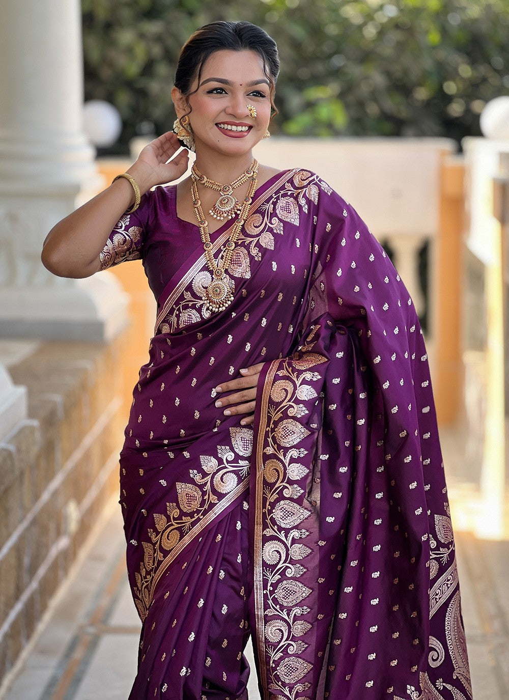 Wine Banarasi Silk Contemporary Saree Woven S17148