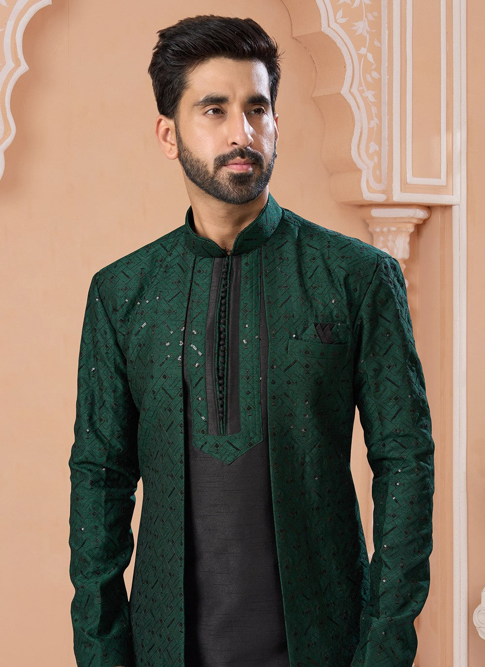 Embroidered Banglori Silk Black, Green Indo Western Sherwani - M7151