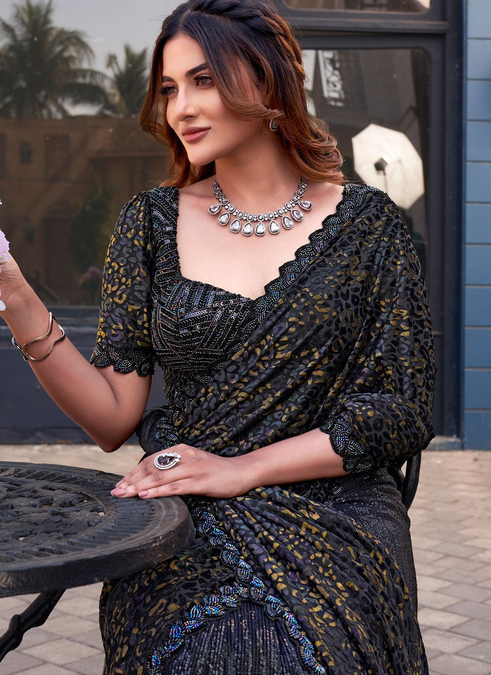 Beads Fancy Fabric Black Saree S14068