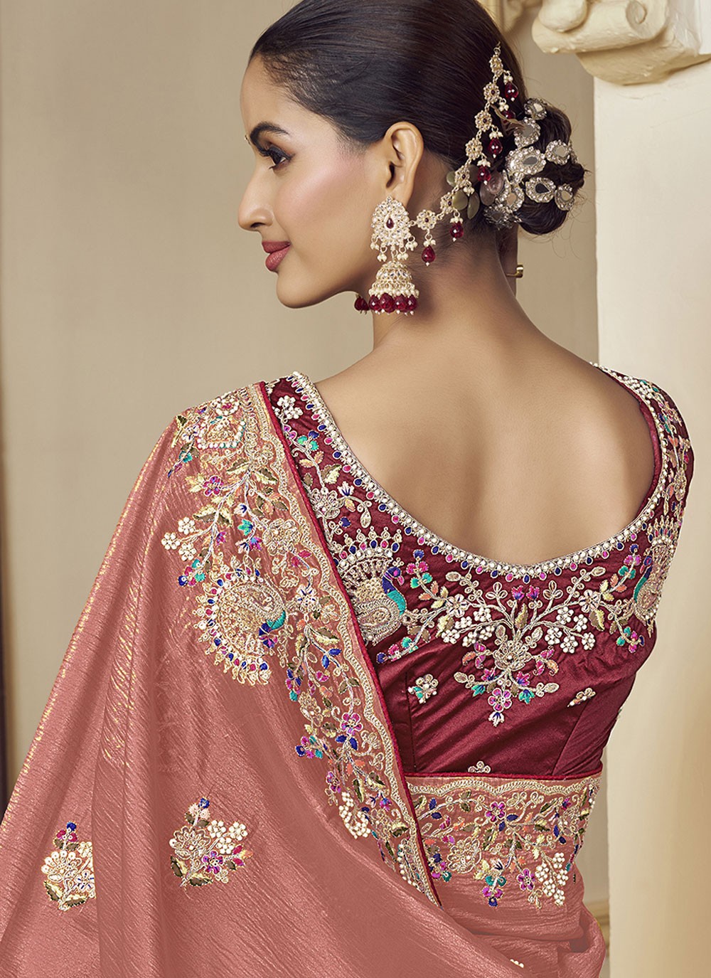 Traditional Beads Pink, Rust Georgette S12381
