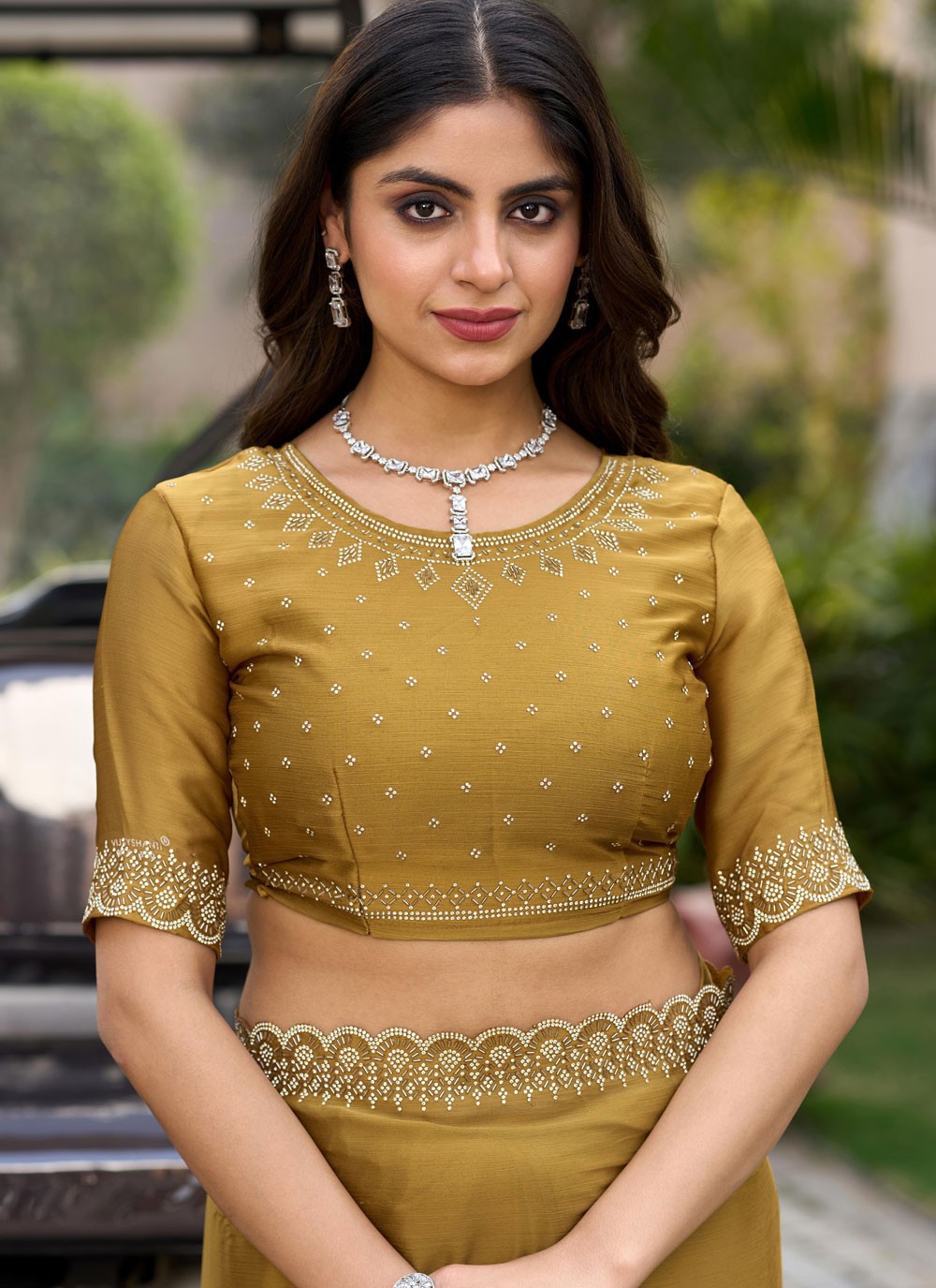 Beads Chiffon Satin Khaki Saree S14547