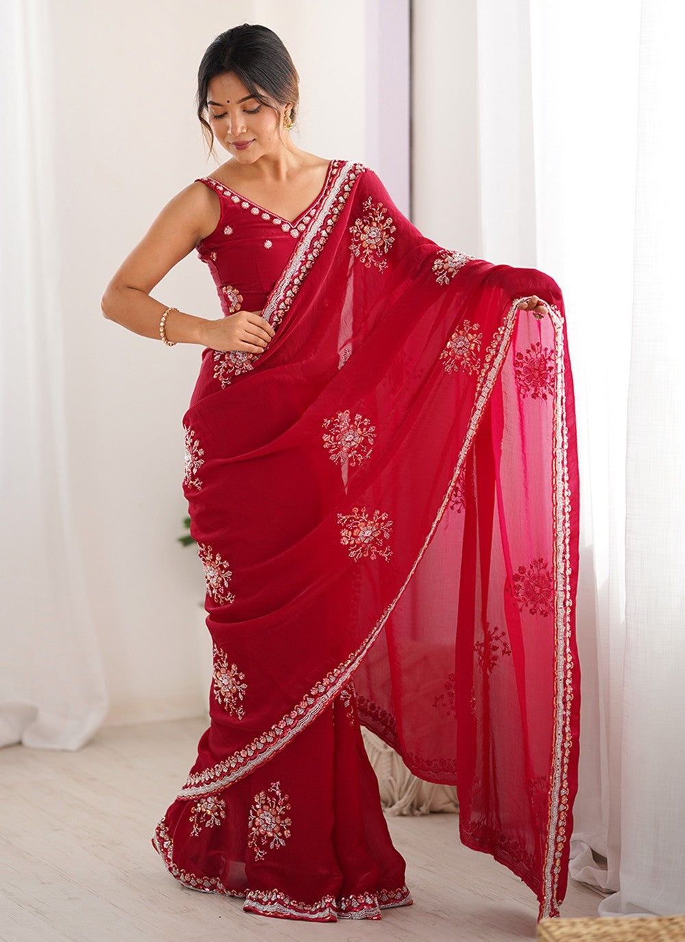 Red Satin Contemporary Saree Beads, Hand Embroidery S15795