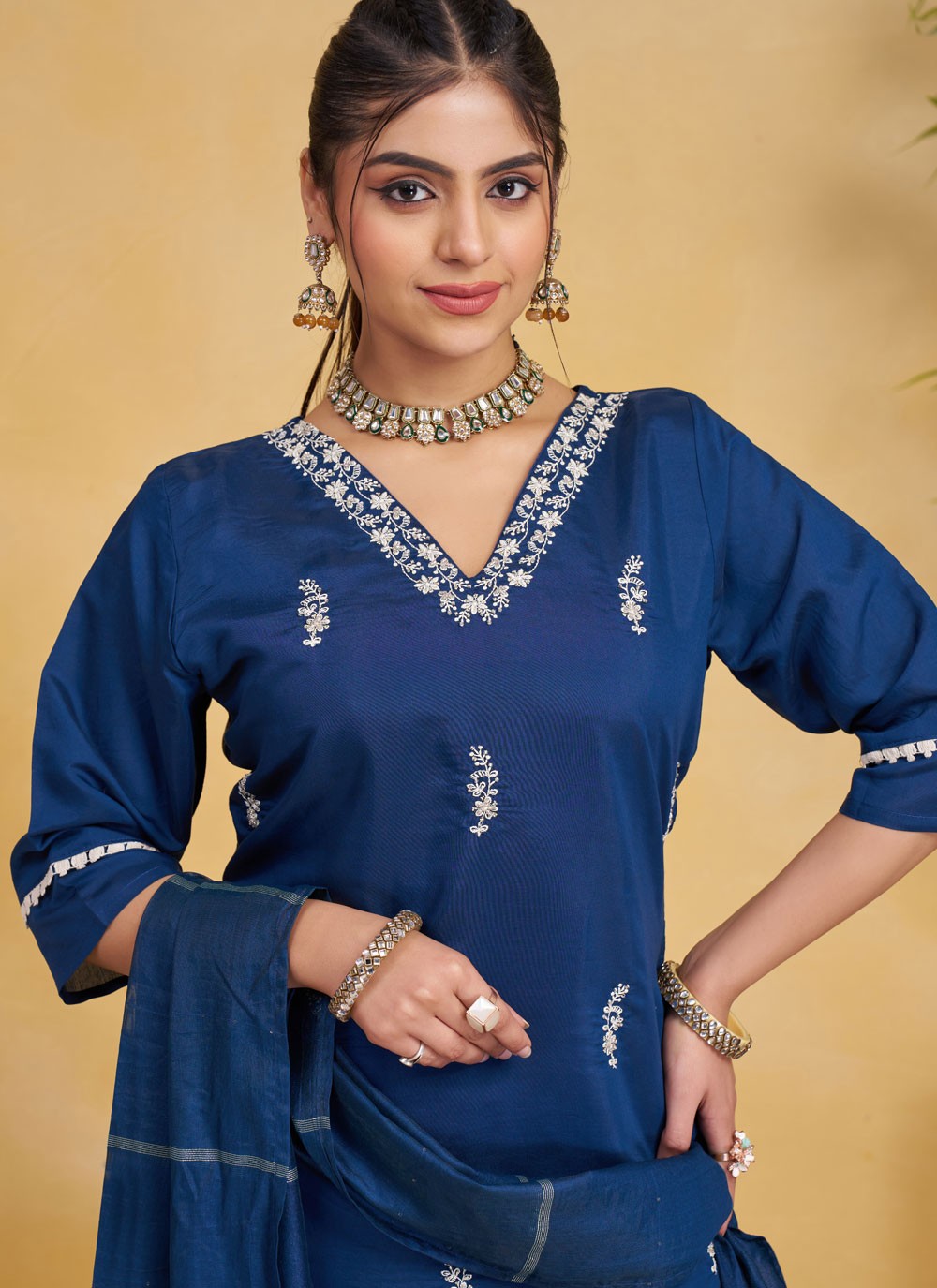 Beads Silk Navy Blue Pant Style Suit T6577